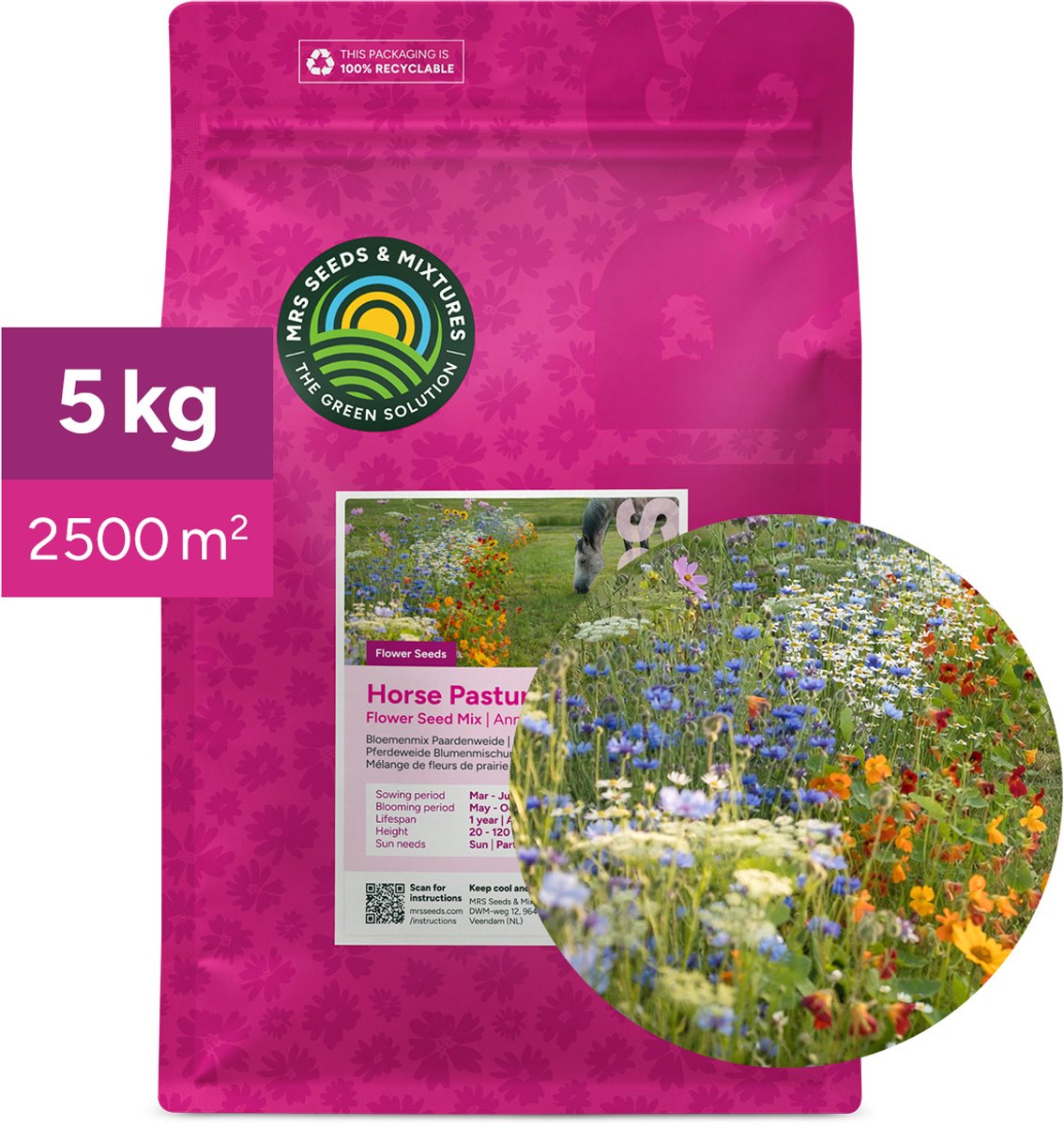 Bloemenmix paardenweide - 5 kg (2.500 m²) - Bloemenmengsel voor naast de weide - Veilig voor paarden - Lokt nuttige insecten - Kleurrijke wilde bloemen