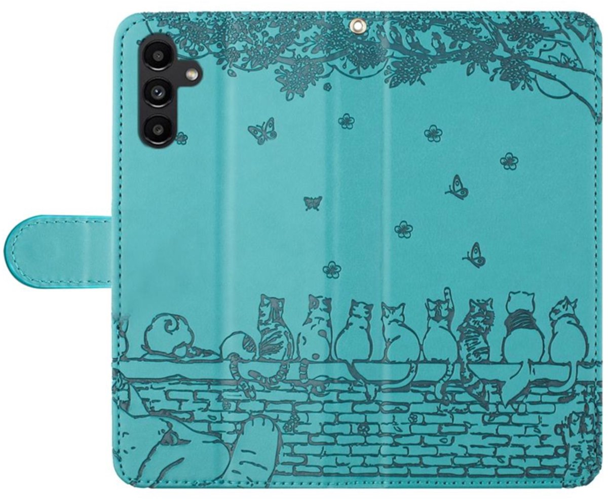 BookCover Hoes Etui geschikt voor Samsung Galaxy S26 - Turquoise - Katten op Muurtje - Reliëf