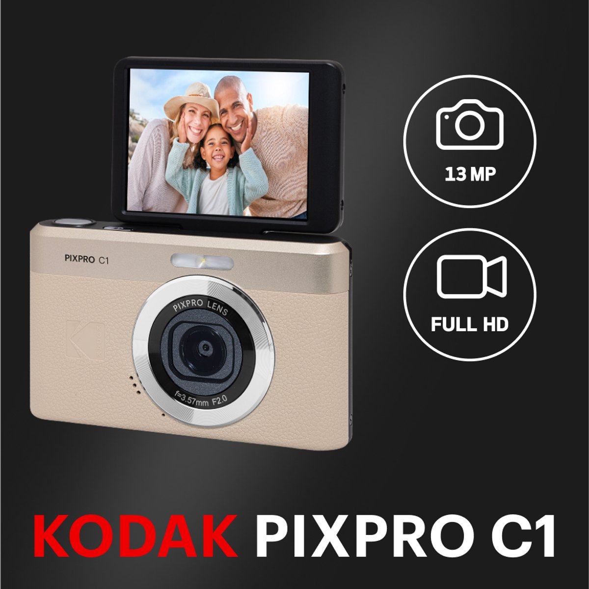 KODAK Pixpro C1 - Compacte digitale camera, 13 MP BSI CMOS-sensor, 4x digitale zoom, kantelbaar 2,8-inch scherm, Full HD 1080p-video, LED-flitser thumbnail 2