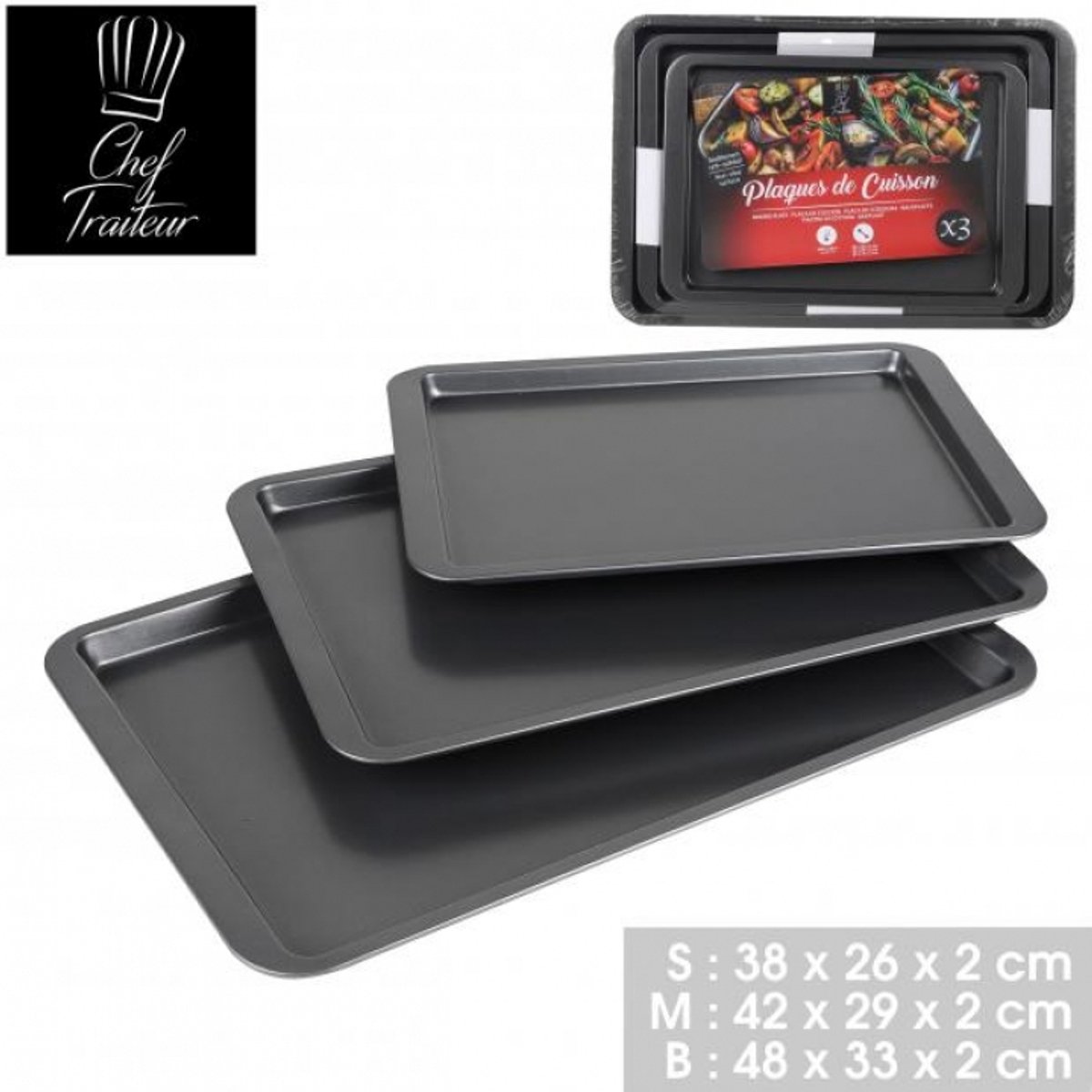 “LE FOUR” bakplaat set 3 stuks 38×26×H2 cm / 42×29×H2 cm / 48×33×H2 cm