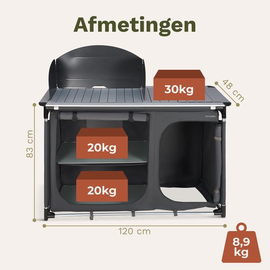 TRVLMORE Campingkeuken - Campingkast - Werkblad met Uitneembare Wasbak - 70KG Draagvermogen - 48x120x83CM - Windscherm - Grijs van Merkloos — afbeelding 5