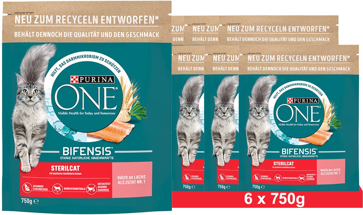 Purina One PURINA ONE BIFENSIS STERILCAT Droogvoer voor gesteriliseerde katten, rijk aan zalm (6 x 750g)