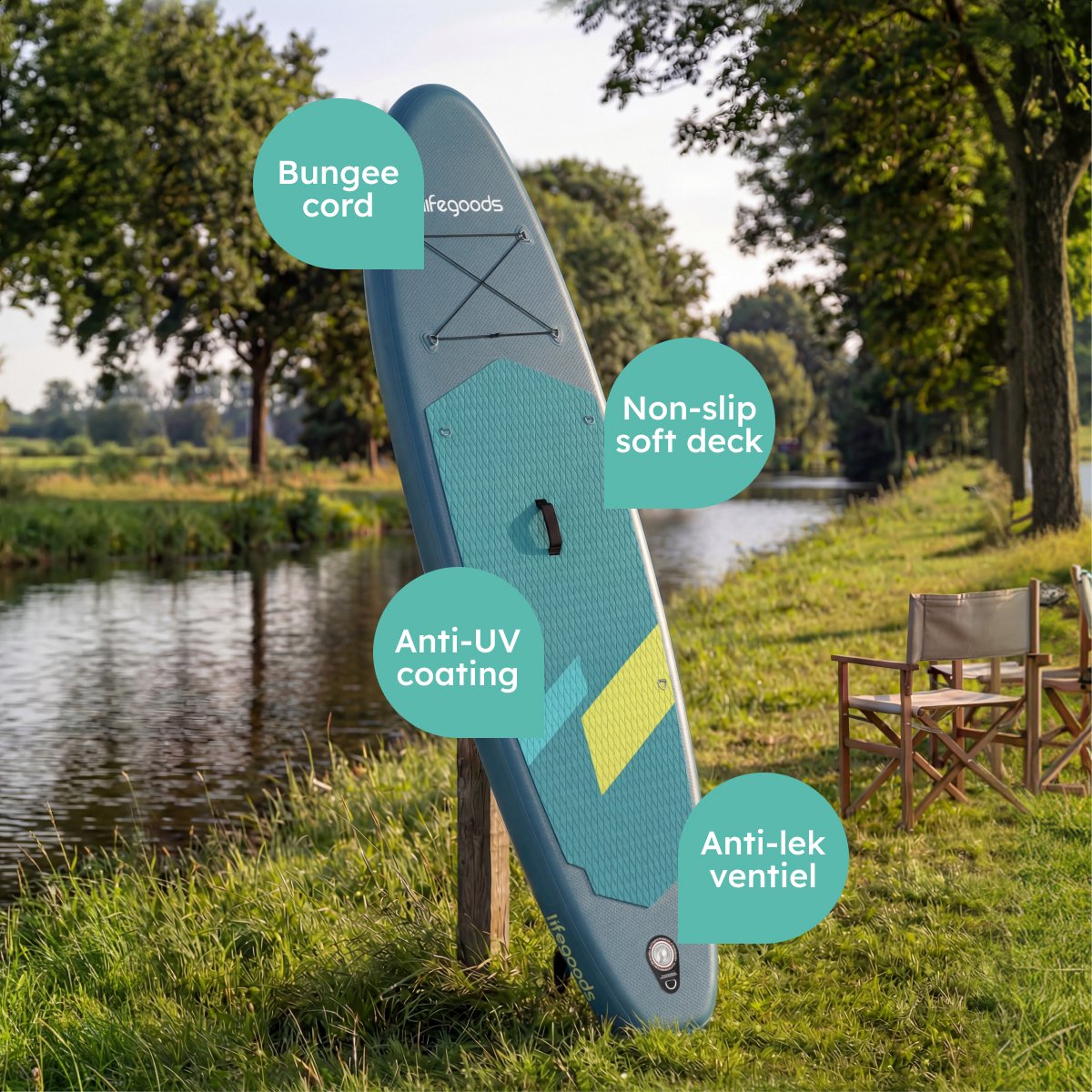 LifeGoods SUP Board Allround Compact - met Zitje - 120 KG Draagkracht - 300 x 76 cm - Opblaasbaar - Compleet SUP pakket - Cyaan/Donkergroen – foto 8