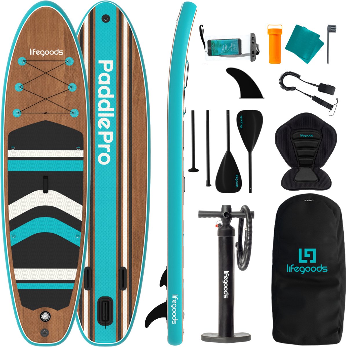 LifeGoods PaddlePro SUP Board - met Zitje - Opblaasbaar Paddle Board - Complete Set - Max. 150KG - 320x81cm - Hout/Blauw