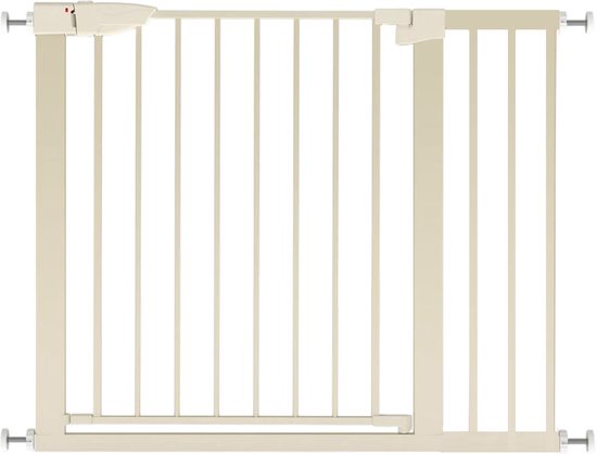 Barrière de sécurité beige avec des barreaux rectangulaires et une poignée sur le côté droit, blanc sur fond blanc.
