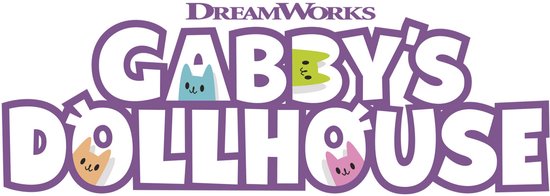 Het logo van Gabby's Poppenhuis met katten gezichtjes in de letters.