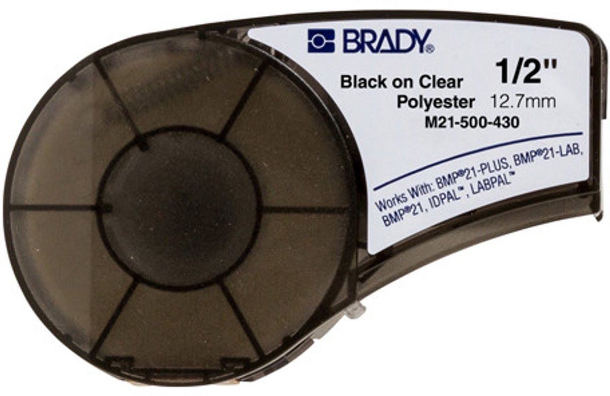 Brady 110900, Zwart, Doorschijnend, Wit, Zelfklevend printerlabel, Acryl, Polyester, Thermo transfer, Permanent, Glans