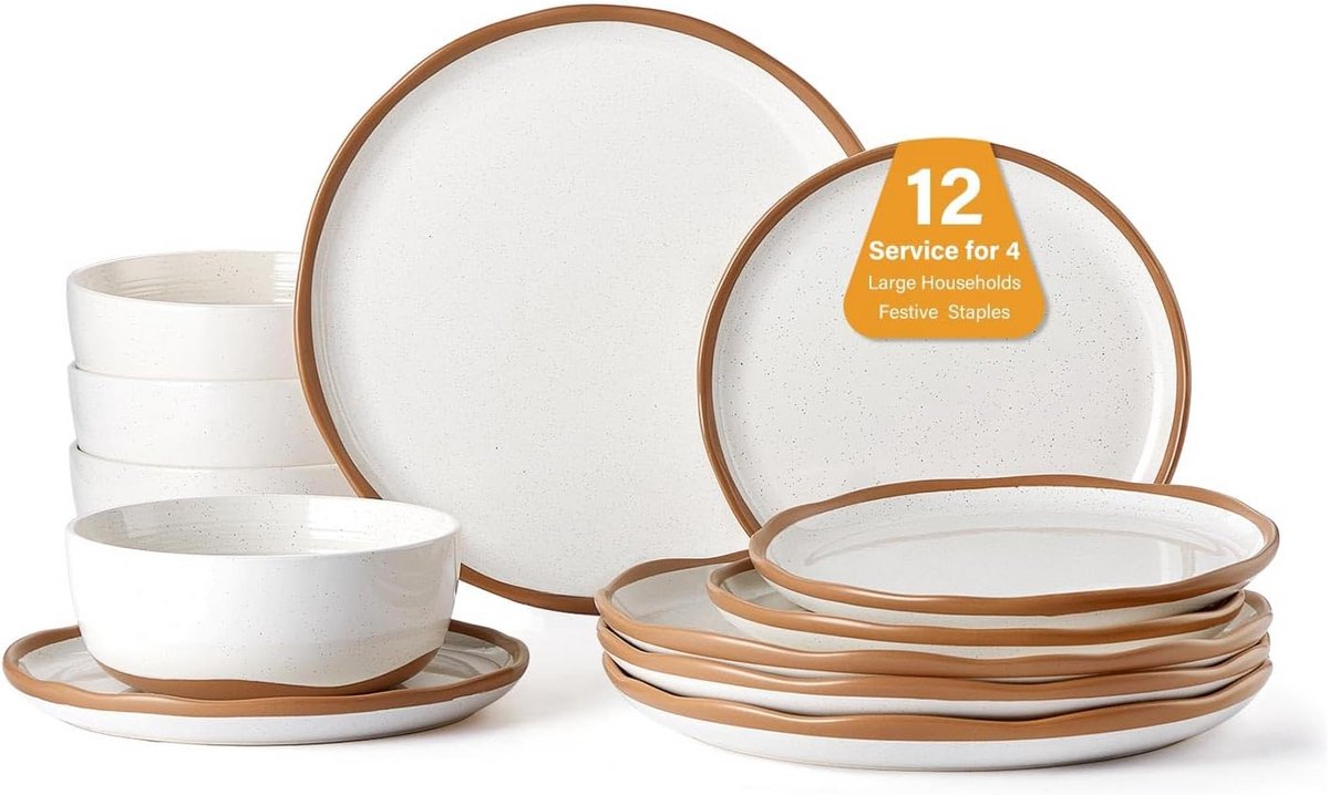 Servies Set Mat Wit Keramiek - 12 Delig Borden en Kommen Voor 4 Personen