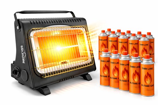 Zwarte gaskachel met oranje gloeiende brander naast een rij oranje gasflessen.