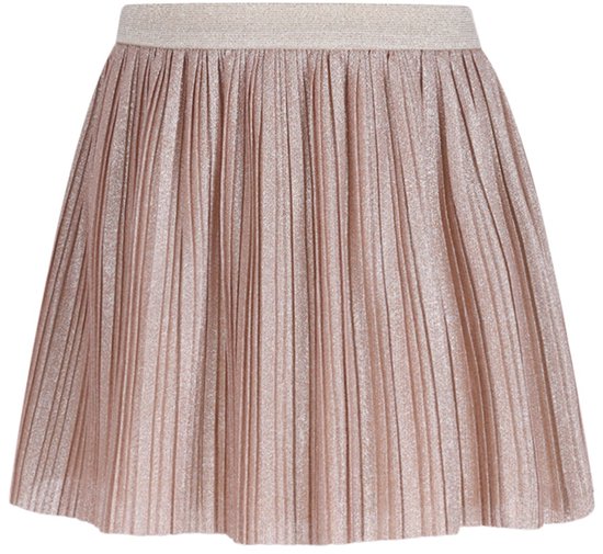 Een roze geplooide rok met een glinsterende tailleband.
