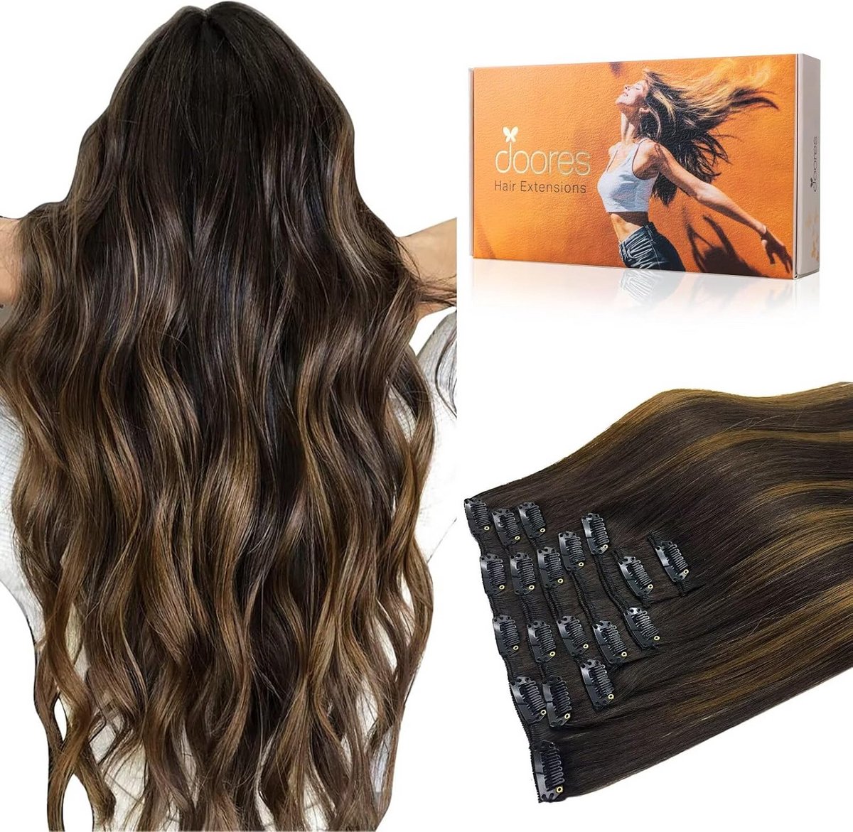 Clip-in Haarverlenging Echt Haar Balayage Donkerbruin naar Kastanjebruin - 7 Delen 40 cm