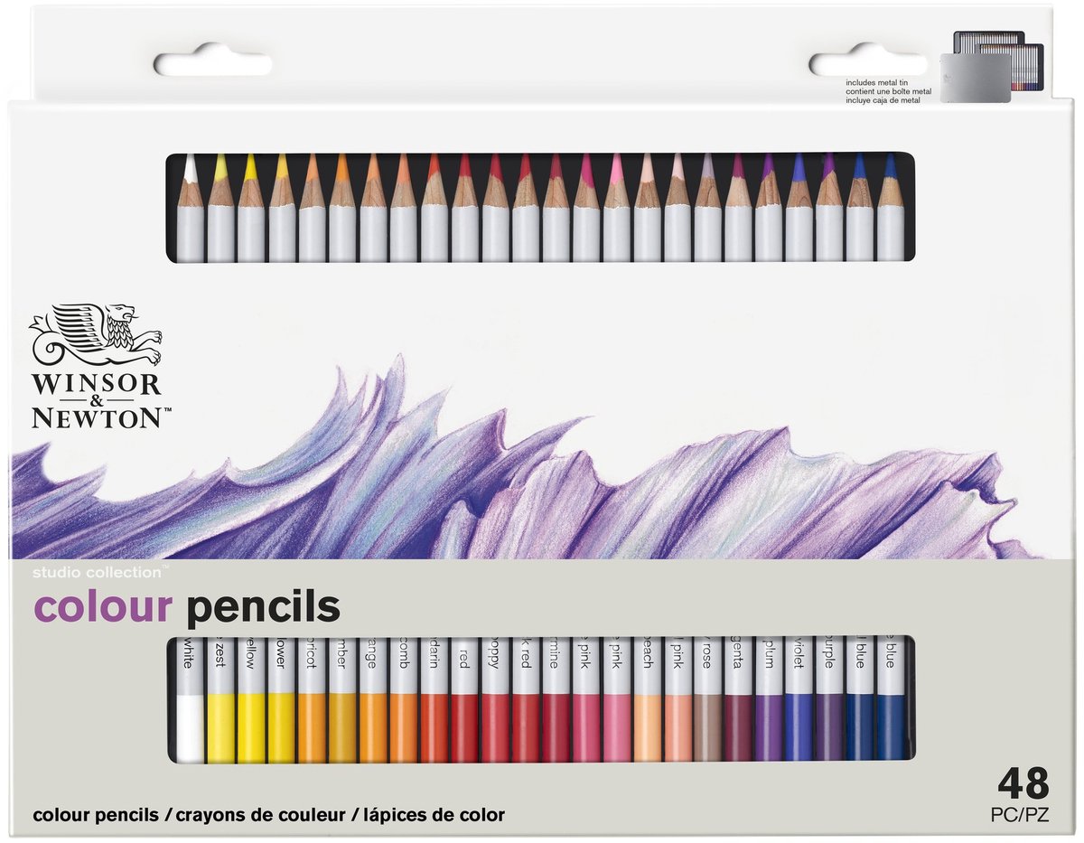 Winsor & Newton 0490014 Studio Collection Kleurpotloden Set 48 stuks – Dikcores Wax-Based Tekenpotloden in Metalen Blik — afbeelding 13