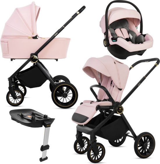 BabyLux® Kinderwagen 4in1 Set ROSSO, Roze, Opvouwbare Lichtgewicht Combi Kinderwagenset Incl. Reiswieg, Buggy, I-Size Kinderzitje, Autostoel, 4 Verstelbare Standen, 0-22kg, Uv-Bescherming 50+