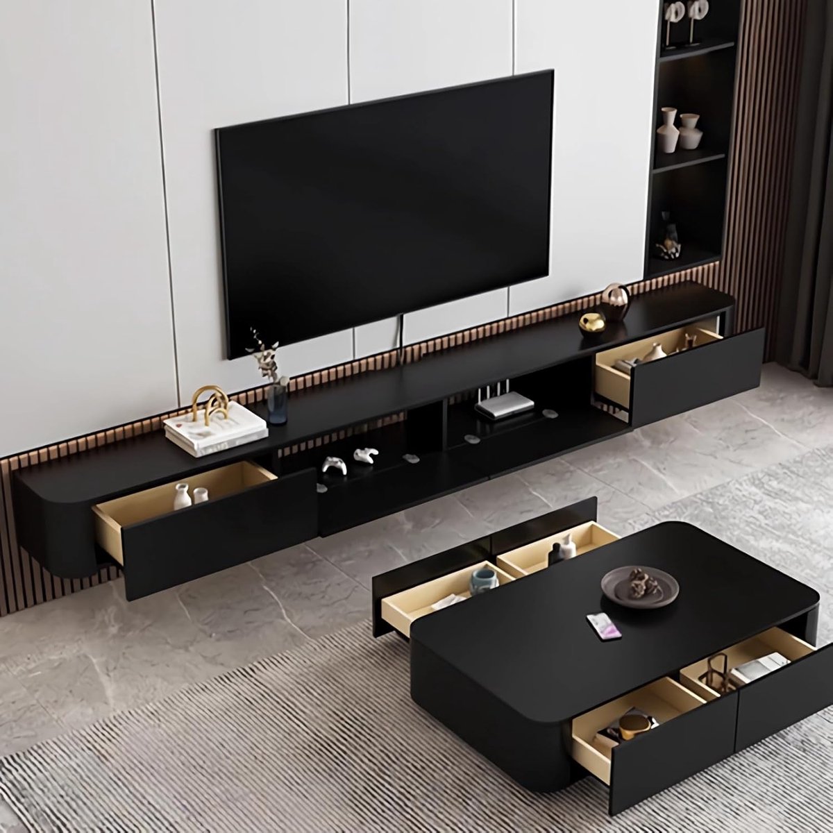 Hangende tv-kast 140x24x20 cm – Zwart Hout Modern Design met Lades en Open Vakken – Zwevend TV Lowboard Wandmeubel met Kabeldoorvoer – Pauwhome