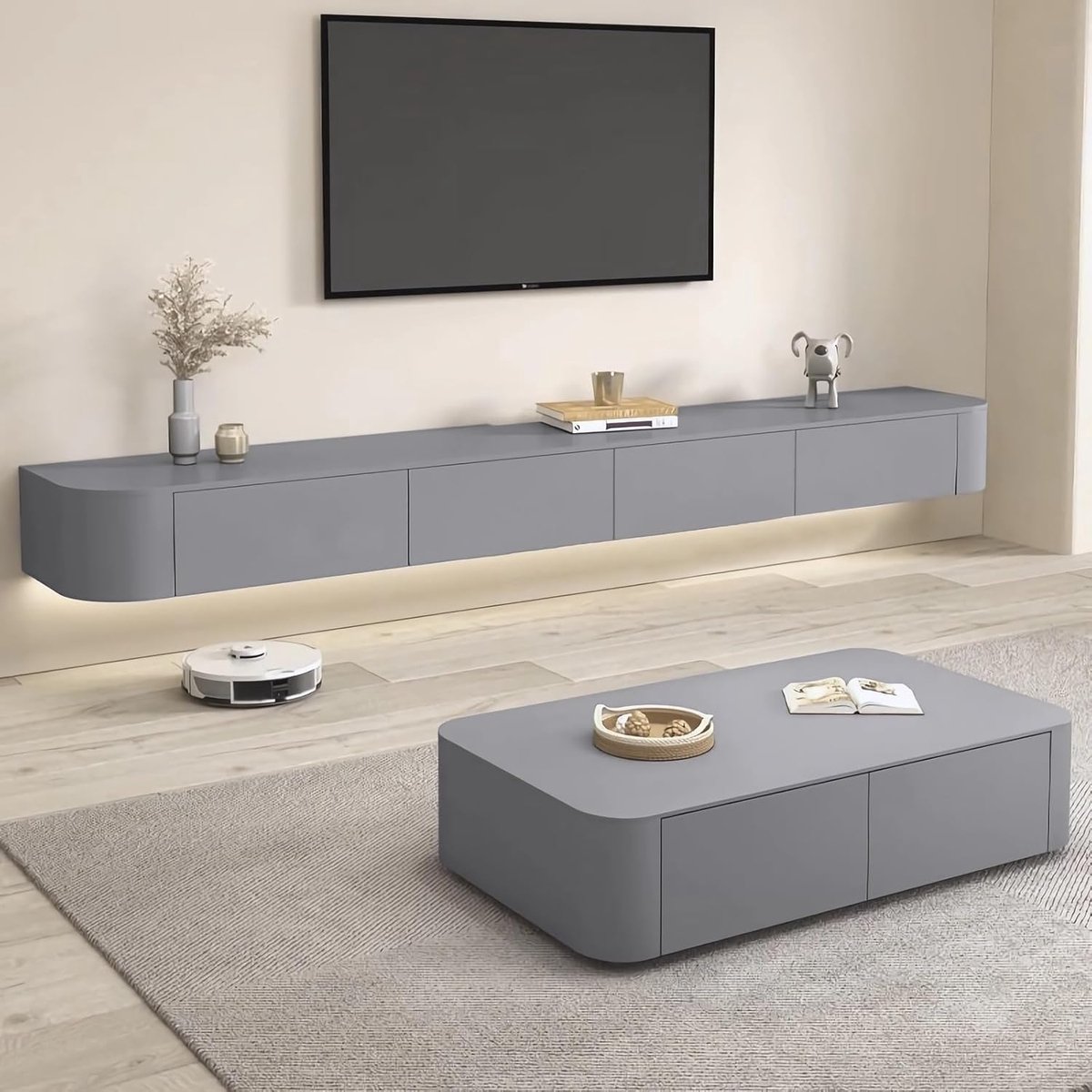 TV Kast Hangend 140 x 24 x 20 cm – Moderne Zwevende TV Wandkast met Lades en Open Vakken – Grijs Hout TV Lowboard – Pauwhome