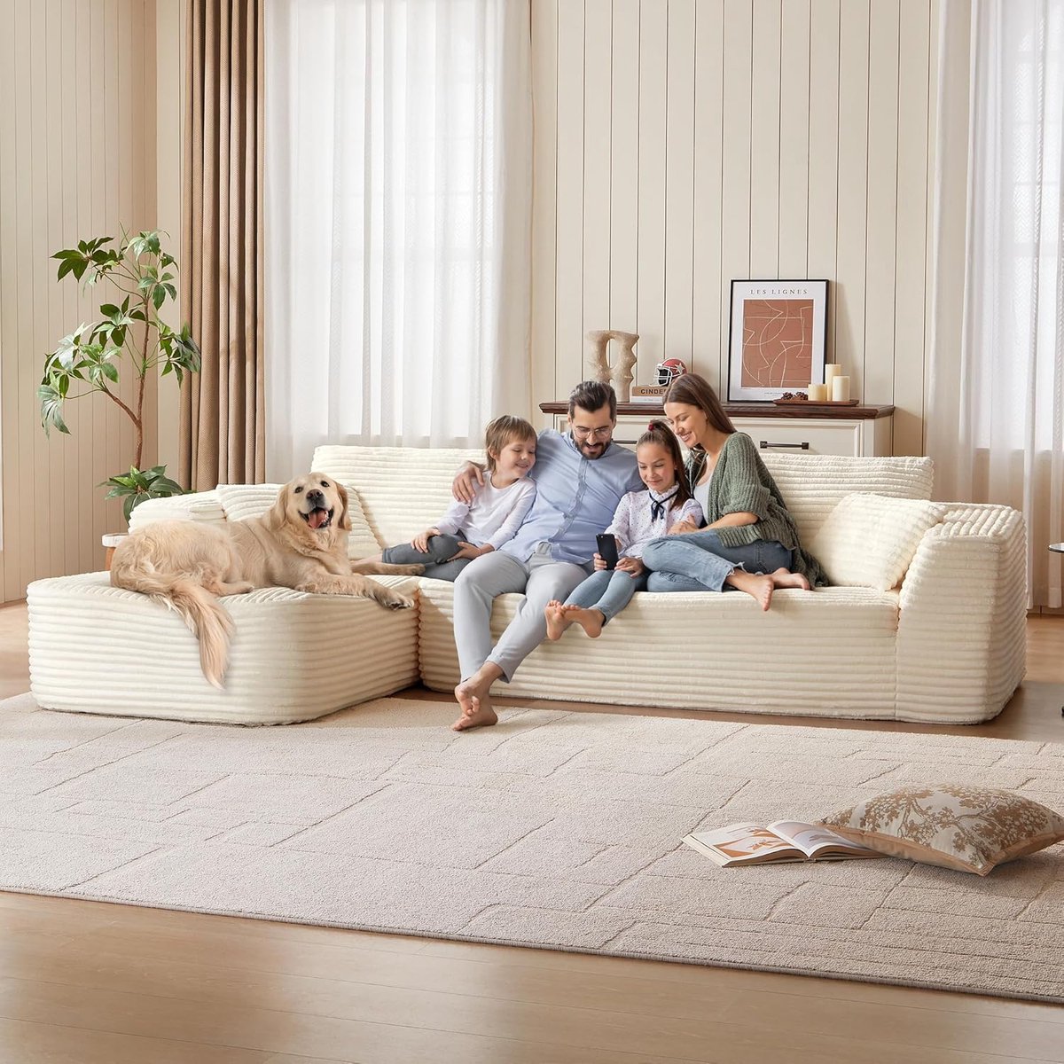 Hoekbank met Slaapfunctie 270x176x57 cm – Modulaire L-Vormige 3-Zits Bank met Chaise Longue & Voetenbank – Beige Corduroy – Geen Montage Nodig – Luxe Sectionele Slaapbank – Cloud Comfort – Pauwhome