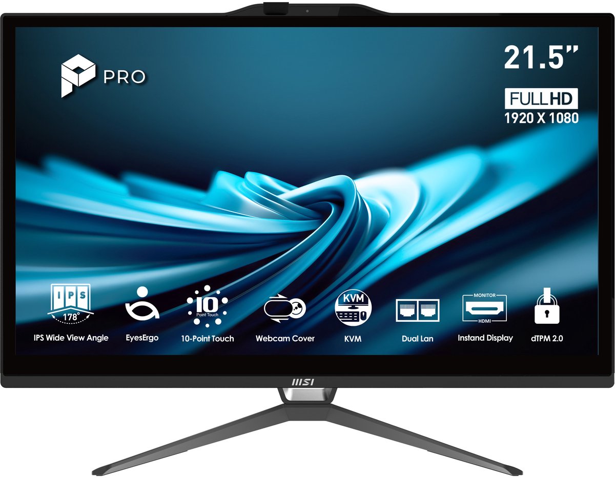 MSI Pro AP222T 14MA-613EU Intel® Core™ i3 i3-14100 54,6 cm (21.5") 1920 x 1080 Pixels Touchscreen Alles-in-één-pc 8 GB DDR4-SDRAM 512 GB SSD Windows 11 Home Wi-Fi 5 (802.11ac) Zwart