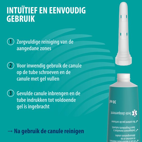 Flacon de Gel hémorroïdaire Behrend avec embout applicateur, avec les étapes 1, 2, 3 pour l'utilisation.