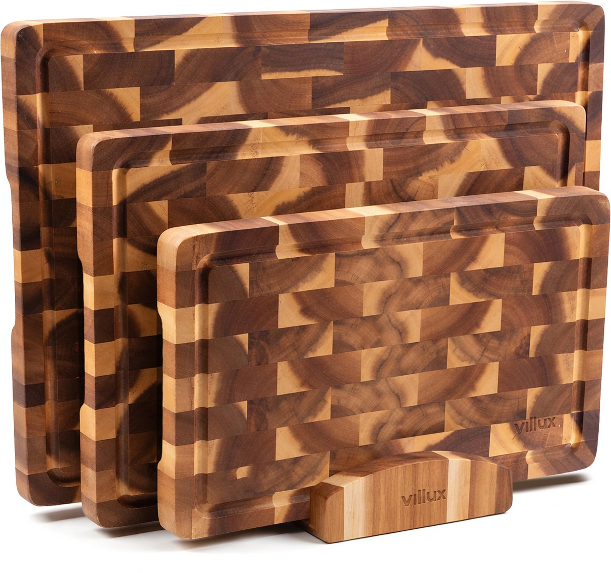 Villux Snijplank - Snijplankenset Met Houder - Snijplank Hout - Snijplanken - Snijplank Acacia- Houten Snijplank - Snijplankenset - Tapasplank - Borrelplank - Serveerplank - Hapjesplank - 3 Stuks - Acacia Kopshout