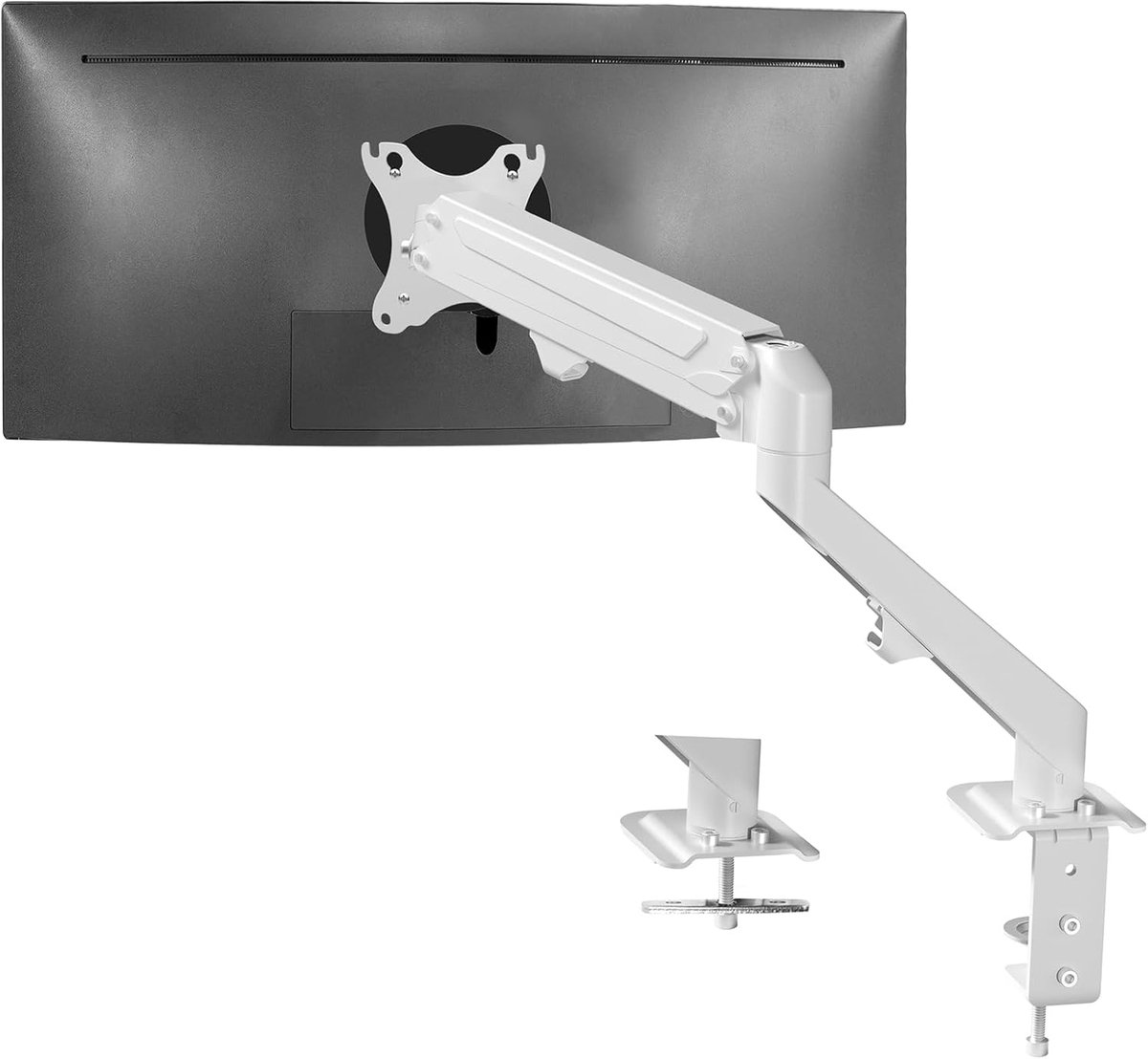 Famanu – Pneumatische monitorarm voor bureau, verstelbare klembevestiging voor één scherm tot 27 inch, wit