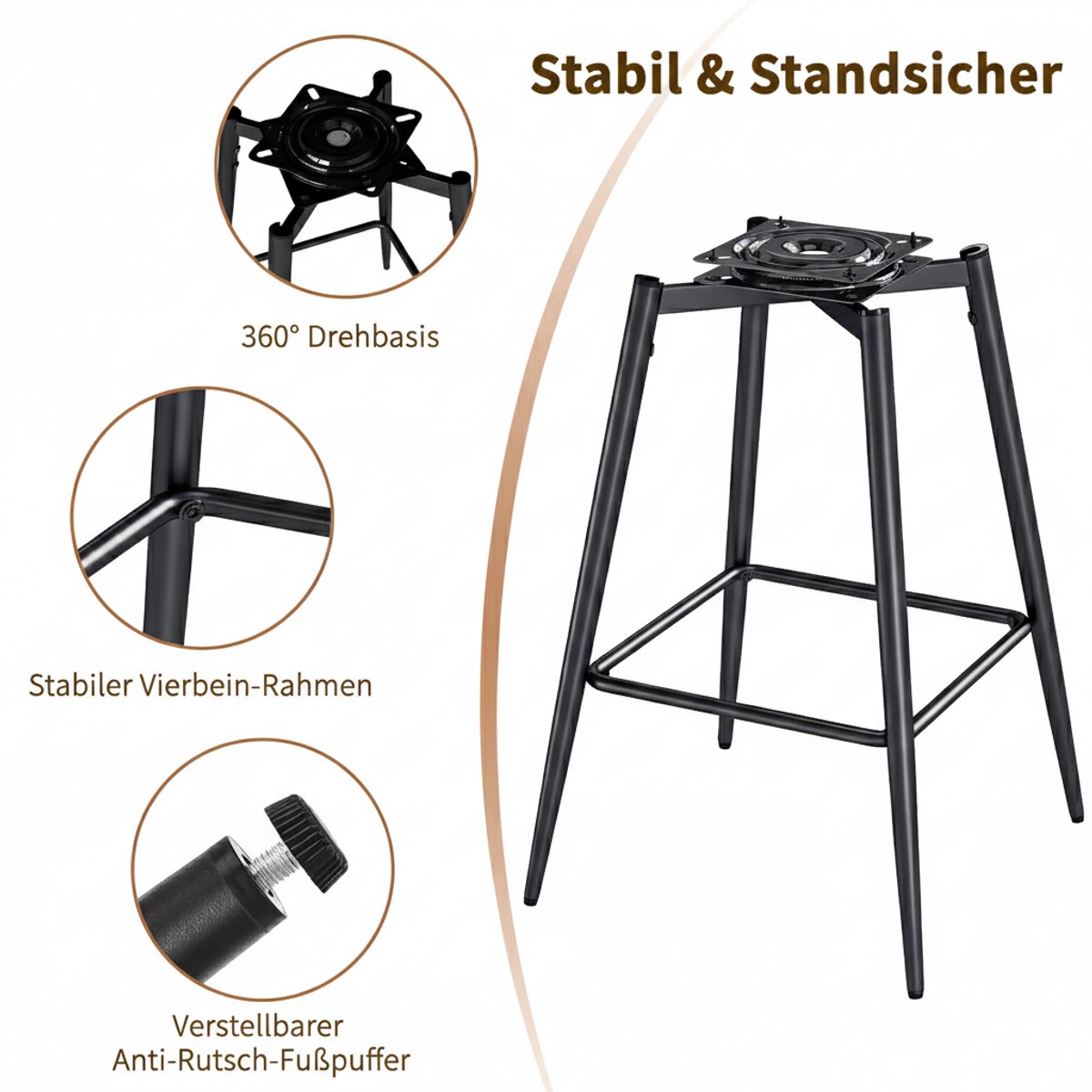 Barkrukken Set van 4 – 75 cm Zithoogte – 360° Draaibaar – Met Rugleuning – Stoffen Zitting – Metaal Onderstel – Modern Industrieel – Khaki – House&Garden