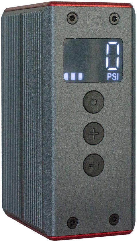 Grijze draagbare fietspomp met rode accenten, digitaal display met '0' PSI en drie knoppen.