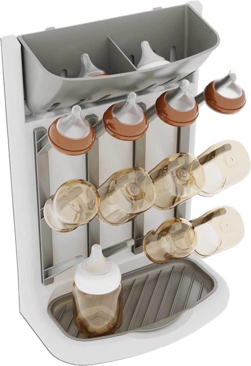 TSD goods - Flessen Droogrek - Flessenrek Baby - Droogrek Voor Baby Flessen - Baby Voeding - Wit & Grijs Staand