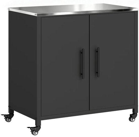 Tuinkast - Buitenkast - Opbergkasten - Tuinhuis - Tuinschuur - met Afneembaar RVS Werkblad en Magnetische Planken - Gereedschapskast - Tuinberging - Weerbestendig - voor Buiten, Tuin & Balkon - Zwart
