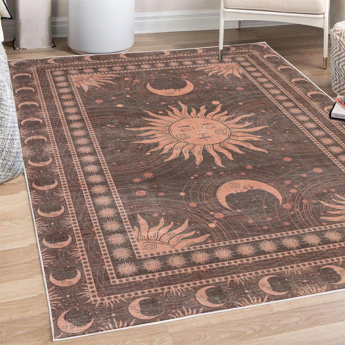 ABAKUHAUS Vloerkleed - Woonkamer Tapijt – zon en maan – Hoogpolig – 69 x 114 cm – roestbruin