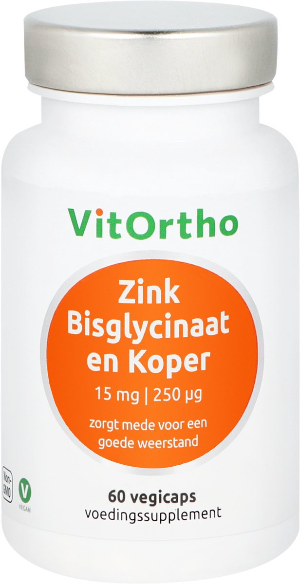 VitOrtho Zink Bisglycinaat 15 mg en Koper 250 mcg (60 vegicaps)