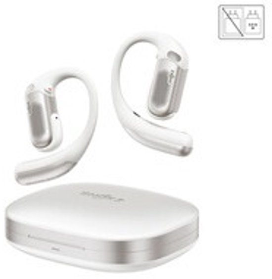 Witte Shokz OpenFit Pro oordopjes met oplaadcase.