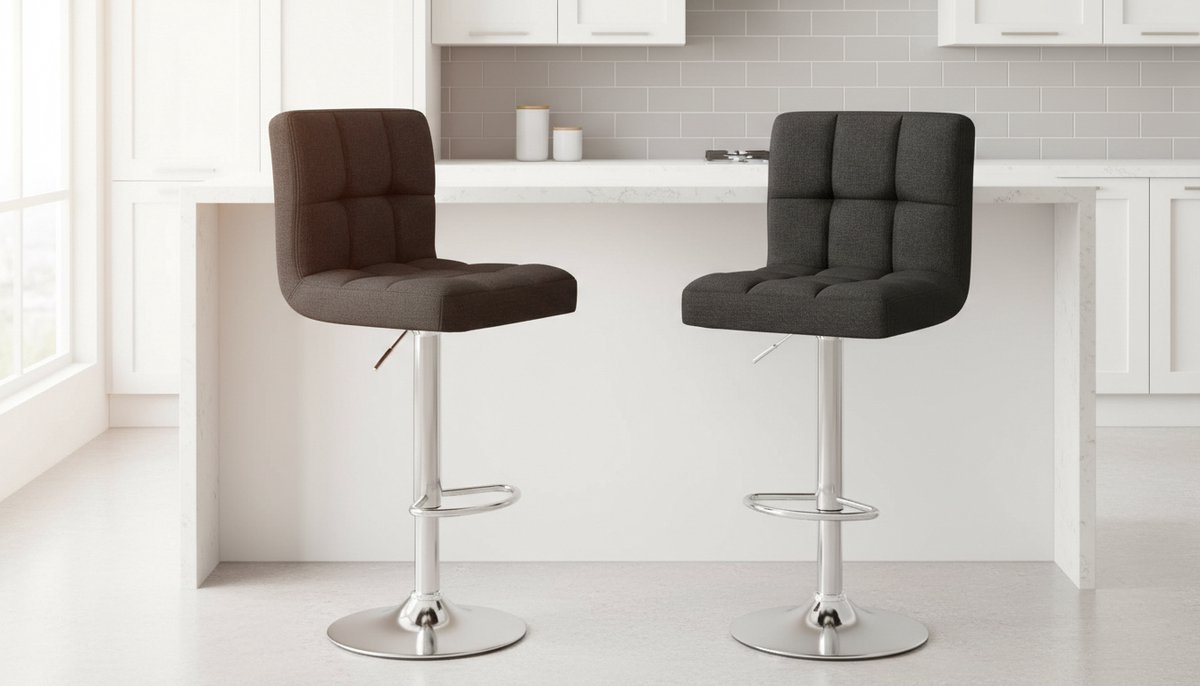 Barkruk Set van 2 – House&Garden Luxe Moderne Linnen Barstoelen met Verstelbare Hoogte en Ergonomische Rugleuning – Zwart, Metalen Frame, Comfortabele Voetsteun – Ideaal voor Keuken, Bar, Bistro & Eetkamer