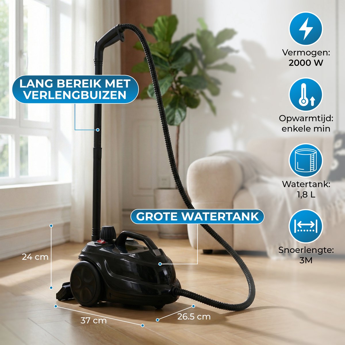 Powell Stoomreiniger - Tapijtreiniger - Handstoomreiniger - Vlekkenreiniger - Stoomapparaat - Reinigingsmachine - 2000W - Inclusief accessoires - Voor vloer, bank, badkamer, tapijt en ramen - Zwart thumbnail 5