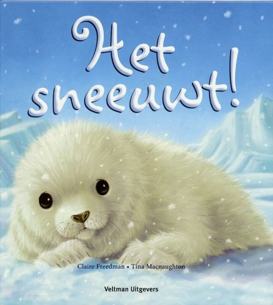 Een schattig, wit zeehondje met grote zwarte ogen ligt in de sneeuw. De titel 'Het Sneeuwt!' staat erboven.