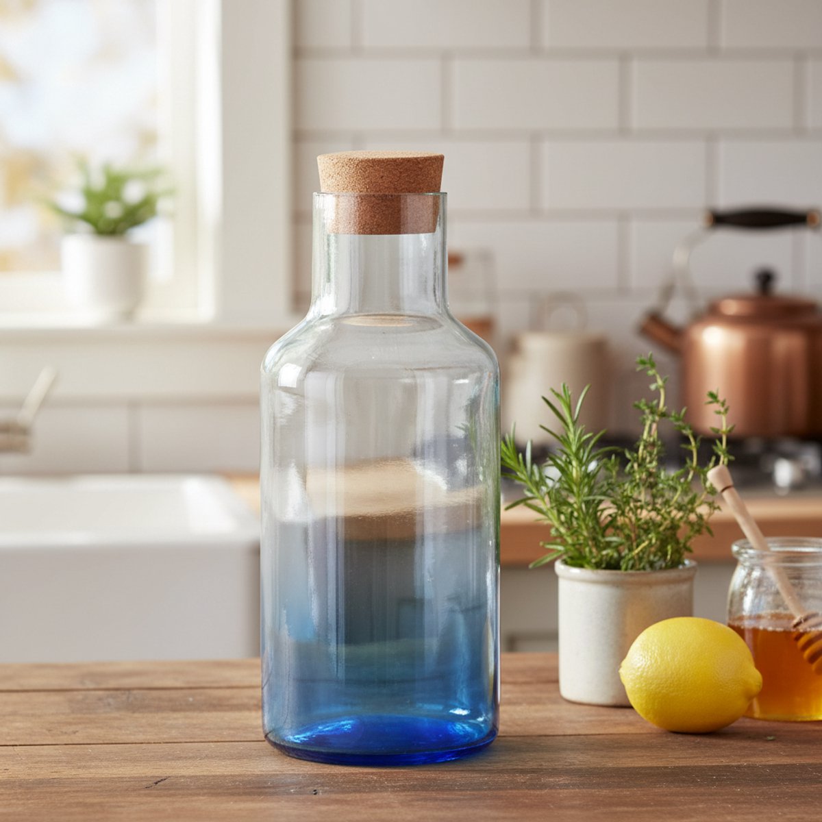 Alpina glazen waterfles met rookeffect en kurken deksel - inhoud 1,2 liter - trendy design - geschikt voor water, sap of limonade - afmetingen ø9,4 x h27 cm - kleur donkerblauw