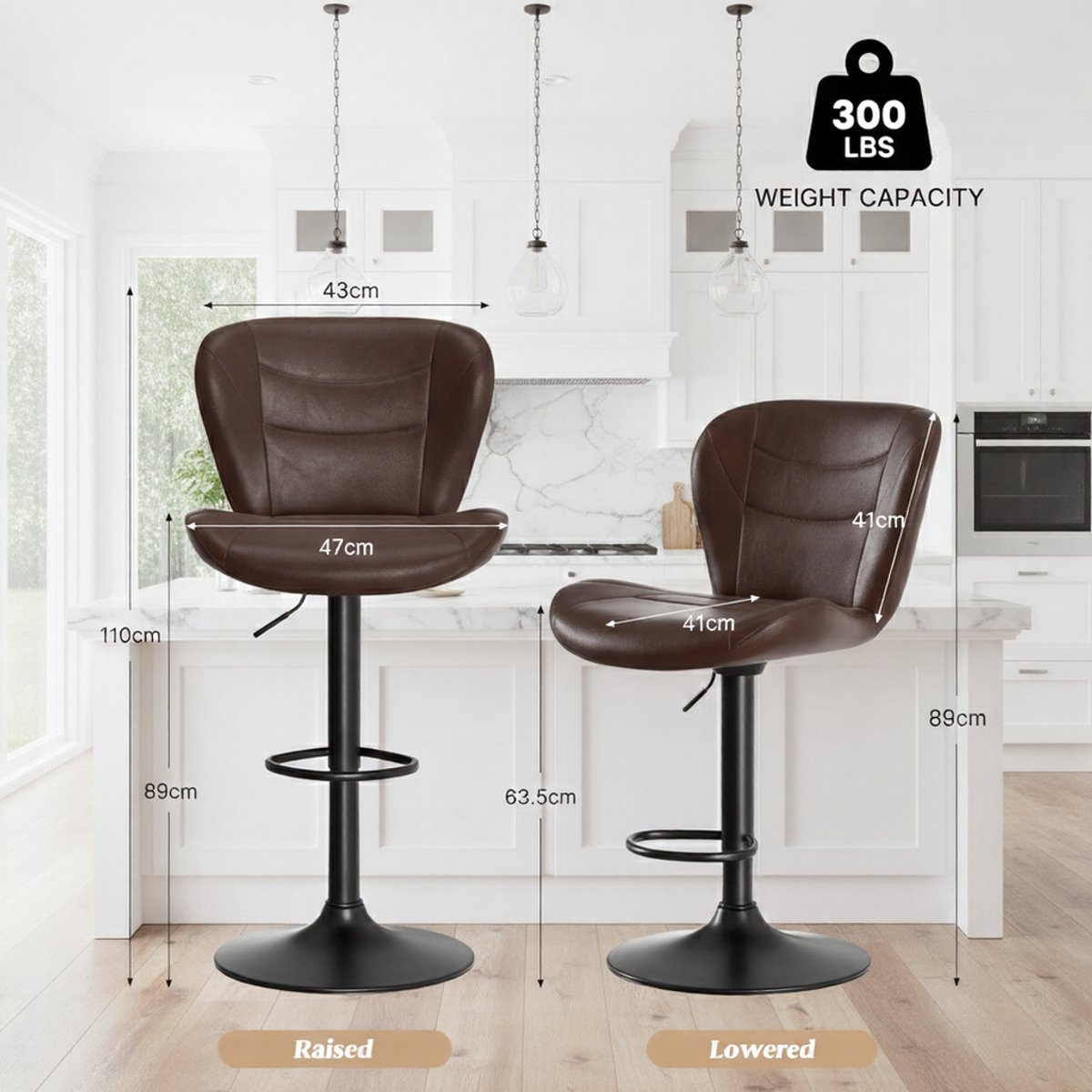 Barkruk Set van 2 – Verstelbare Barstoelen met Rugleuning en Voetensteun, 360° Draaibaar, PU-Leren Zitting, Luxe Comfort Barstoelen voor Keuken, Eiland, Bar en Eetkamer – Donkerbruin | House&Garden