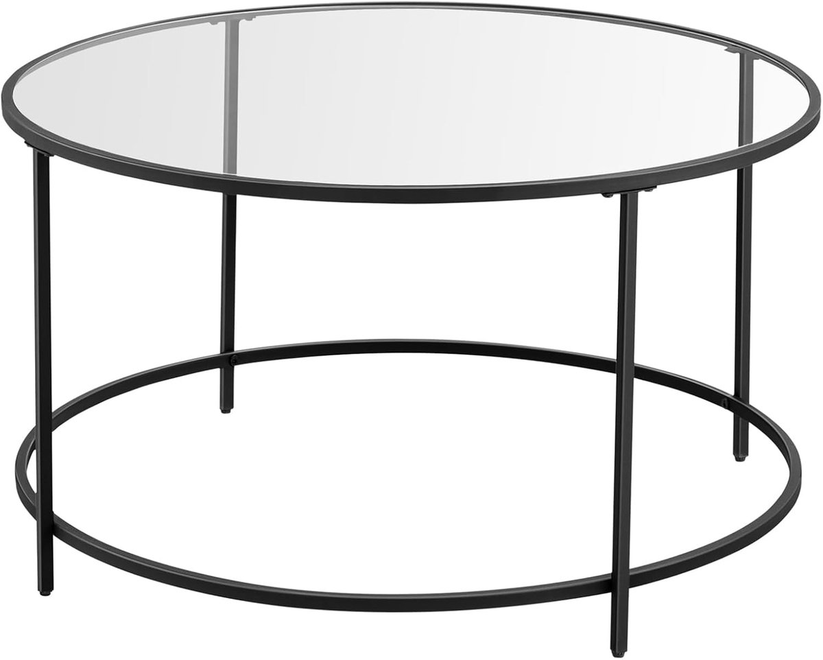 VASAGLE Salontafel - diameter 84 cm - glazen tafel met metalen frame - ronde salontafel - zwart