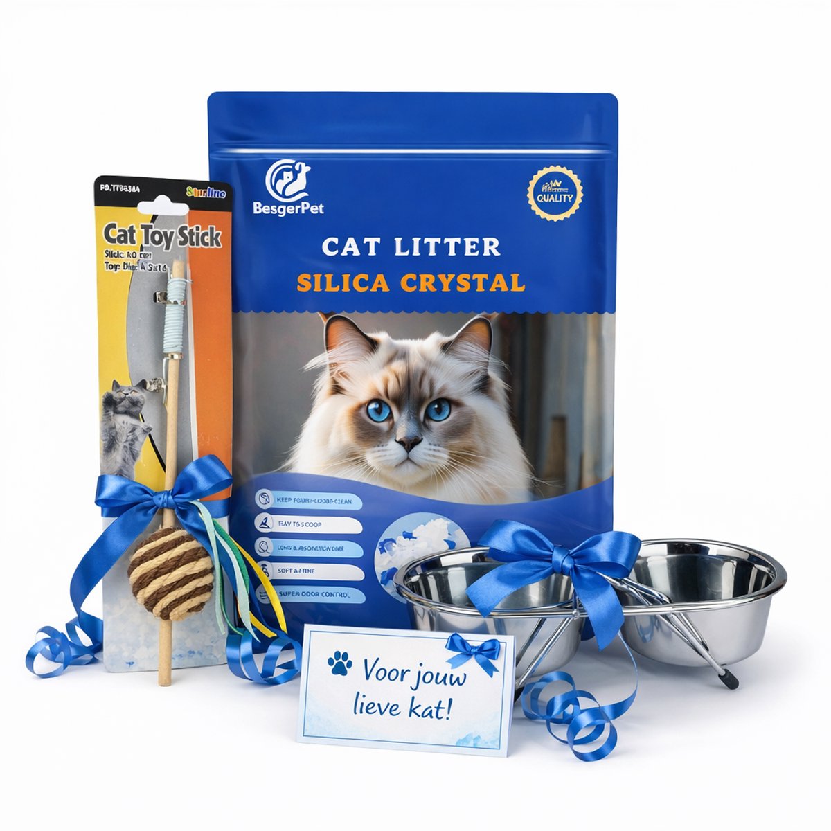 Dierboetiek Katten Cadeauset - Kattenbakvulling - Speeltje - Dubbele Voerbak