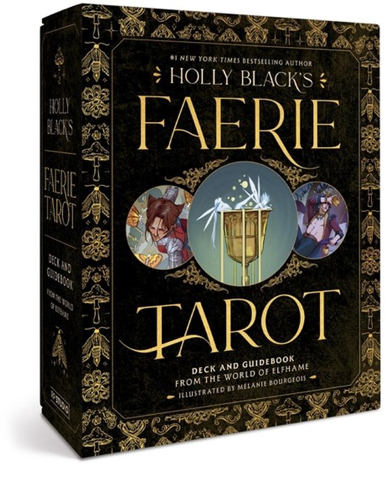 Doos met Holly Black's Faerie Tarot Deck en Gids, met illustraties van paddestoelen en insecten.