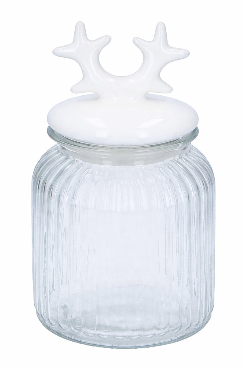 Alpina kerst bewaarpot met gewei deksel - glazen voorraadpot van 900 ml voor koekjes, snoep en andere lekkernijen - uniek kerstdesign - afmeting 10,5x22,2 cm - kleur transparant/wit