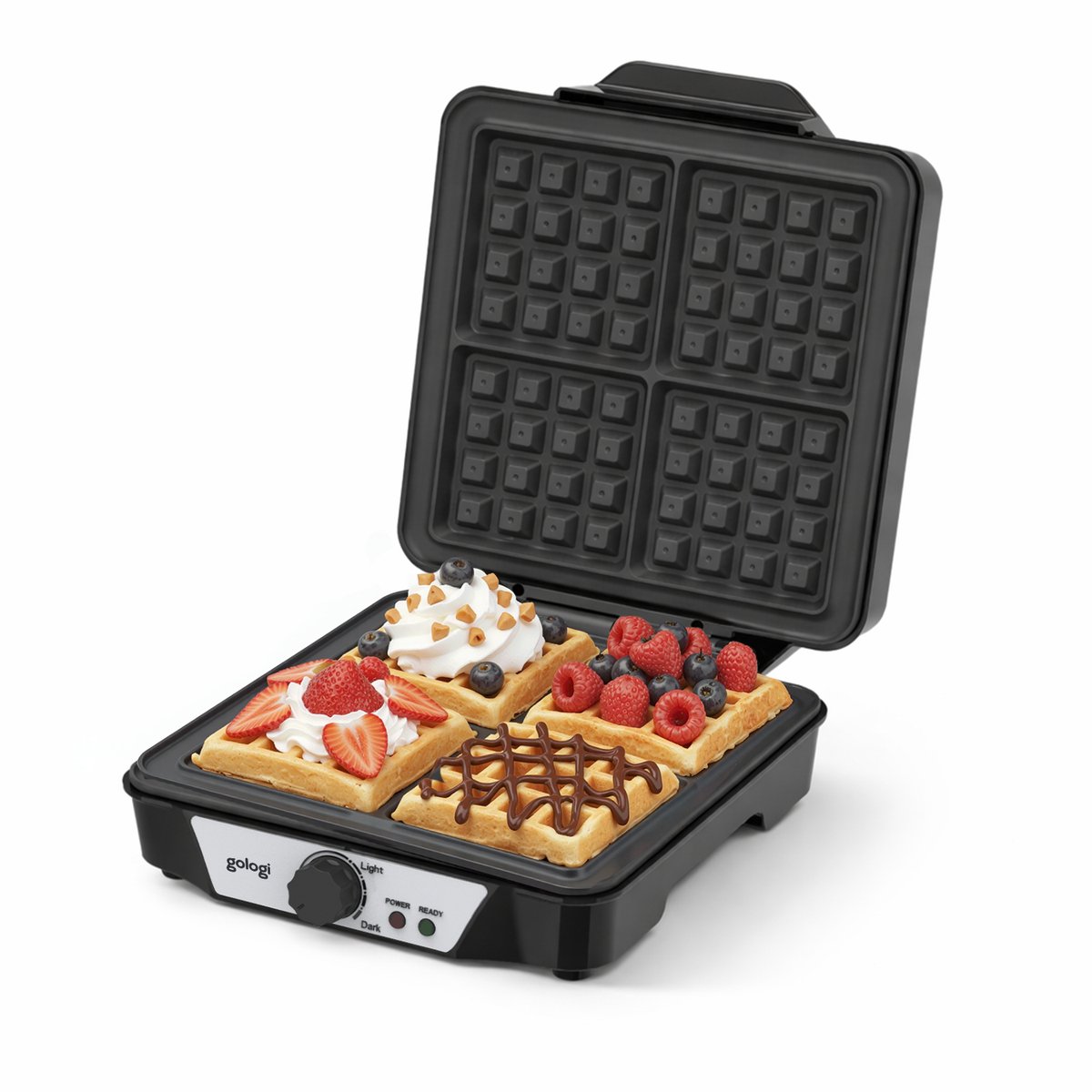 Goliving Wafelijzer - Wafelmaker voor 4 Wafels - 24 x 24 cm - Antiaanbaklaag - Temperatuur instelbaar - 1200W - Zwart