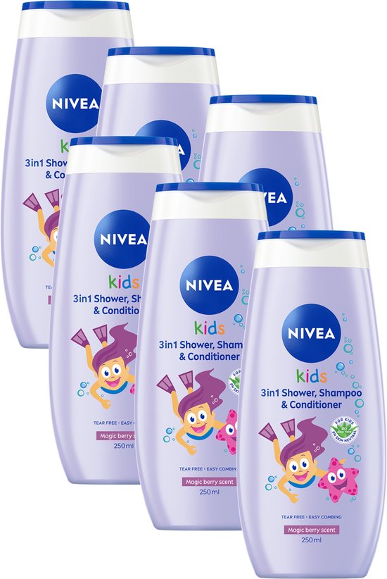 Voordeelverpakking van zes paarse NIVEA Kids flessen met blauwe dop. Elk met illustratie van een meisje en een zeester.