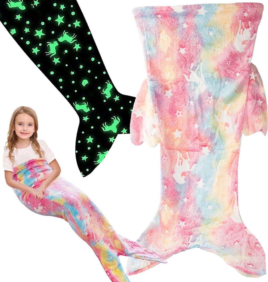 Kinder Zeemeermin Deken - Unicorn - Fleece Deken - Glow in the Dark - Zeemeerminnenstaart - 105 x 42-45 cm