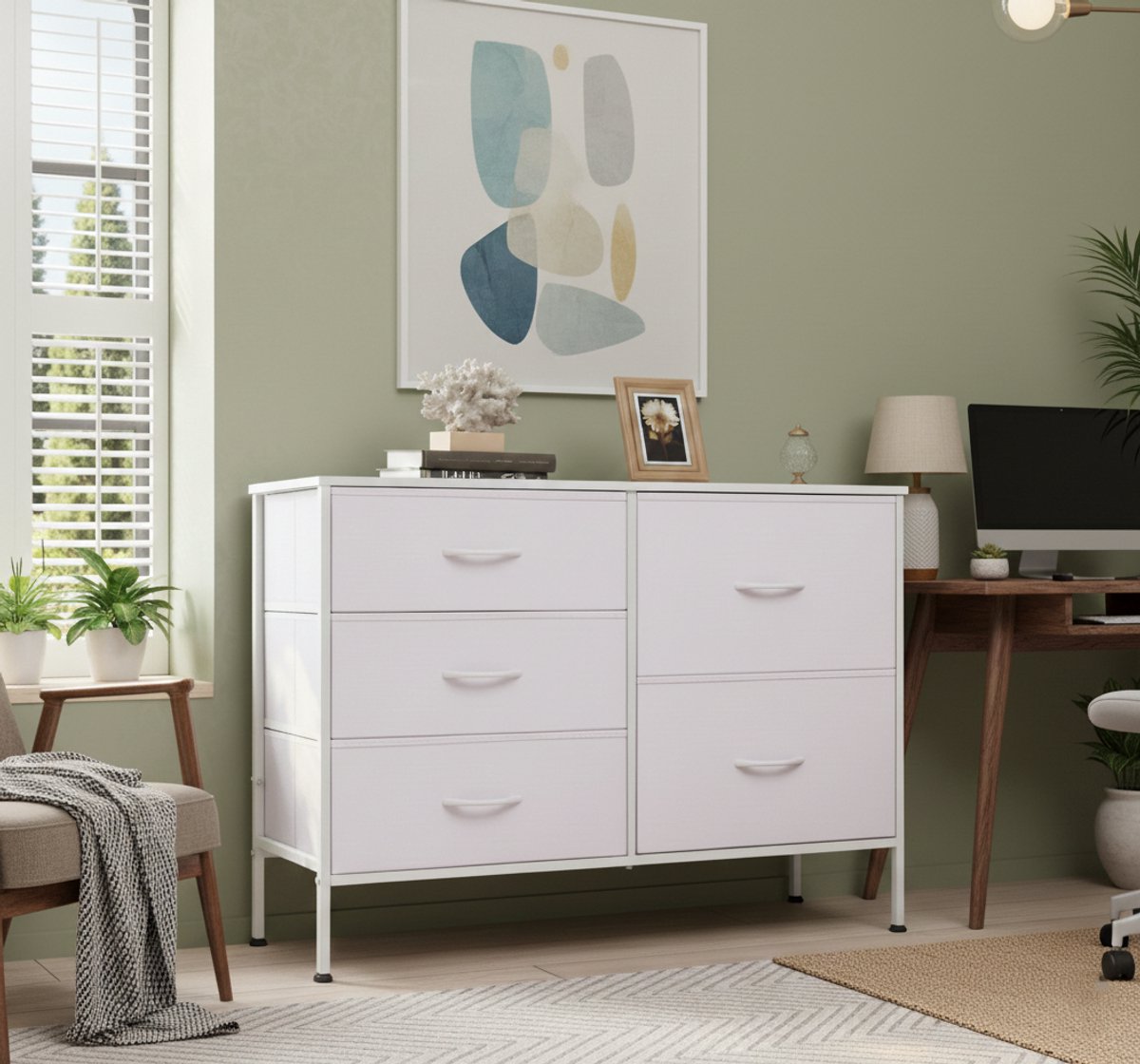 Smalle Opbergcommode 5 Laden – Stabiele Witte Ladekast voor Slaapkamer en Woonkamer – Robuust Stalen Frame en Houten Top – Praktische Mini Commode voor Orde en Netheid - House&Garden