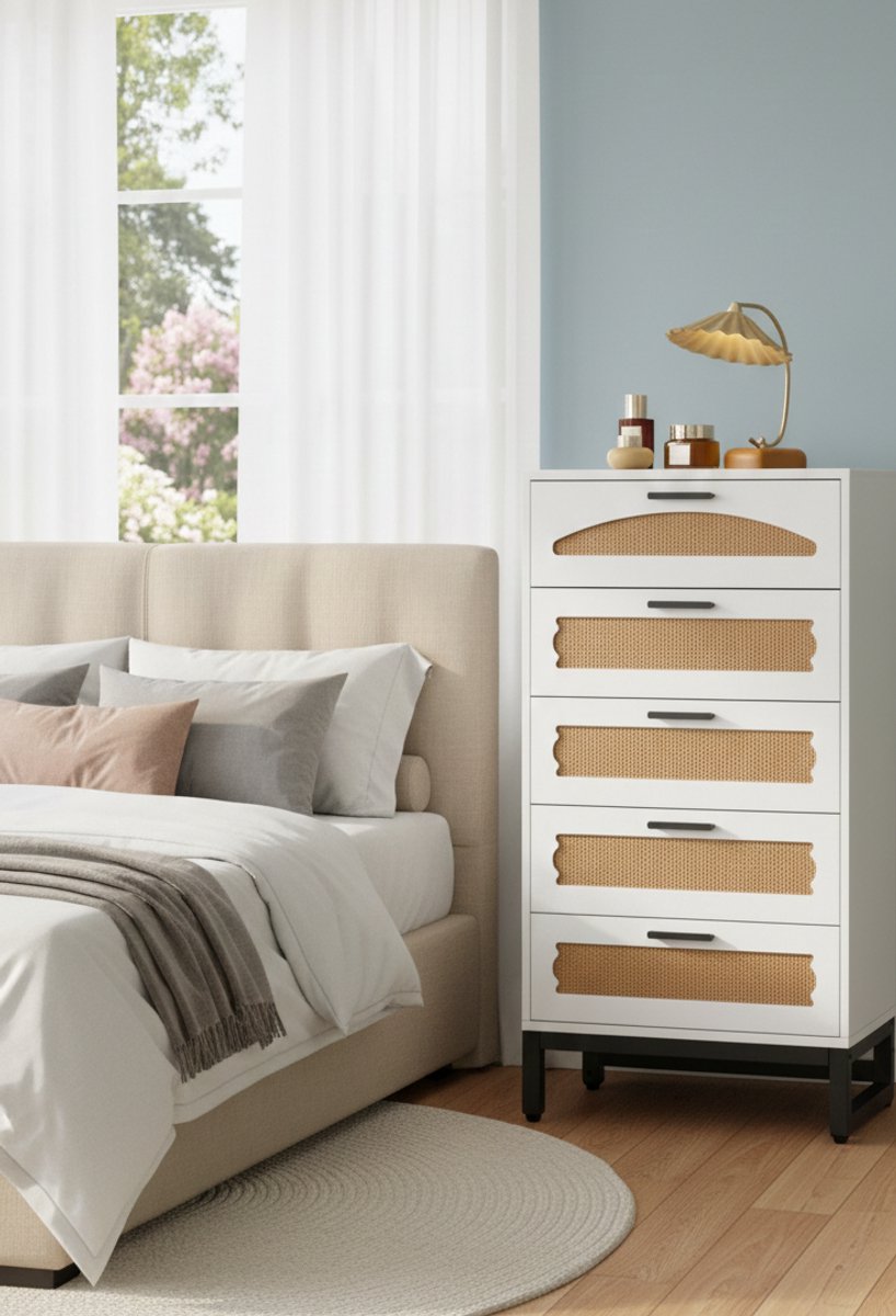 Luxe Rotan Opbergcommode 5 Laden – Stabiele Witte Ladekast voor Slaapkamer, Woonkamer en Hal – FSC Hout & Stalen Frame – Multifunctionele Bohemian Commode - House&Garden