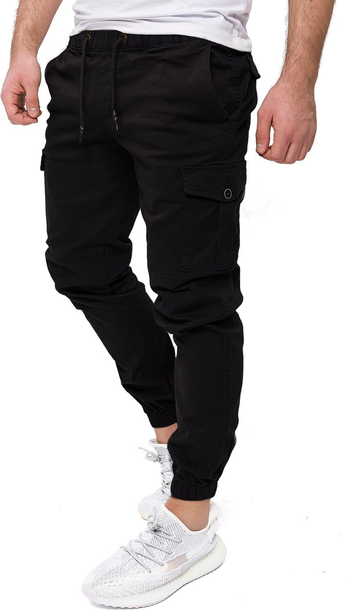 PITTMAN Heren Cargobroek Darius – Tapered Fit – Katoen Stretch – Zwart – Koordsluiting