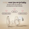 Uiteengevallen witte Zookie borstkolfonderdelen met BPA-vrije en hygiënische symbolen.