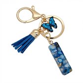Blauwe letter I sleutelhanger met kwastje en vlinder – sleutelhanger voor dames – goudkleurige metalen keychain met acryl initiaal I hanger, decoratieve bedel en tassel