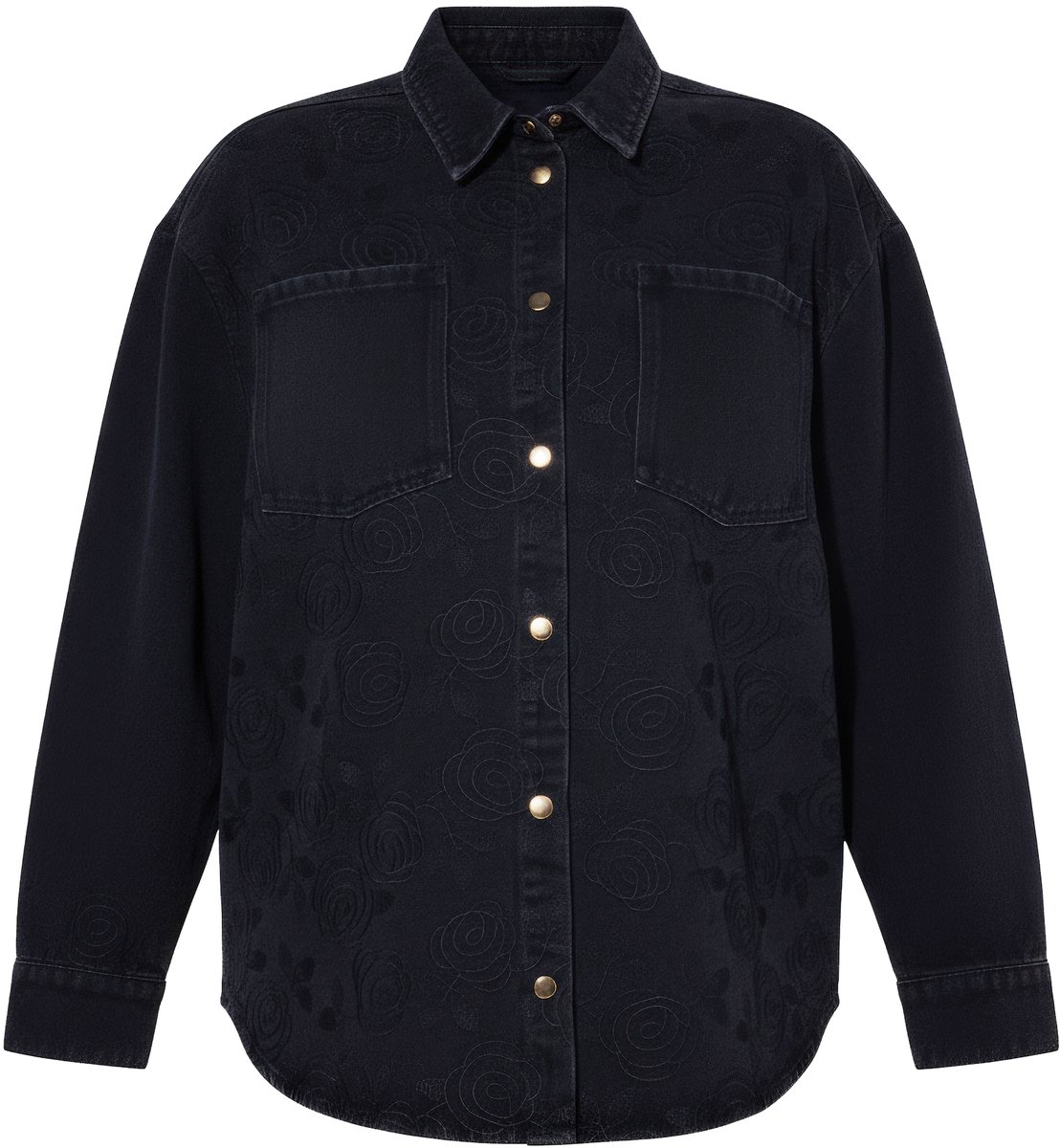 Studio Untold - Dames - Jeansoverhemd oversized denim all-over borduursel - Zwart - Maat 58+