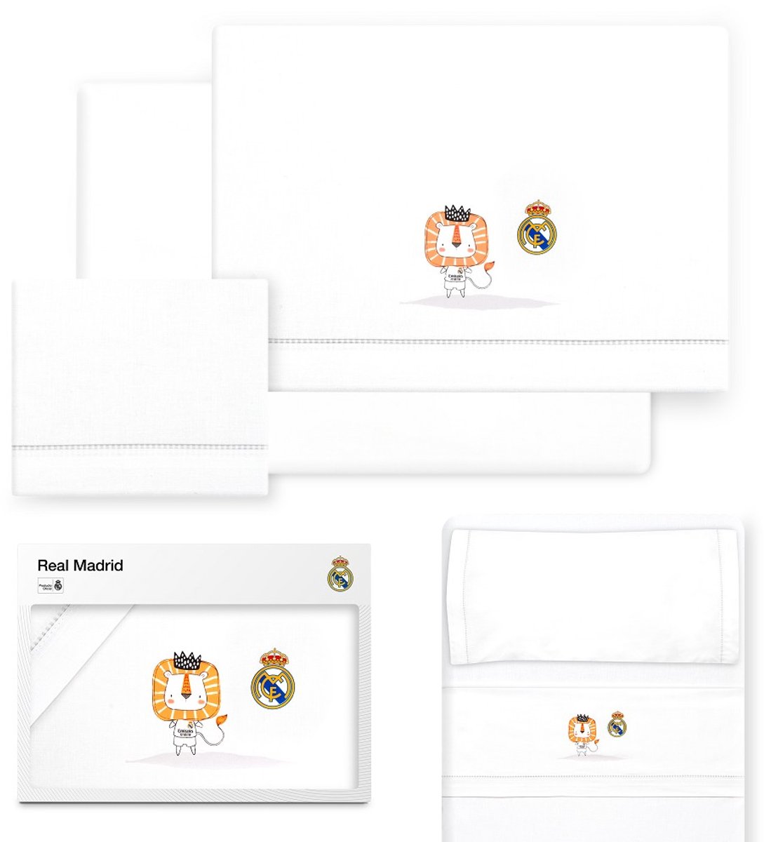 REAL MADRID™ - lakenset wieg - 70x100 cm -katoen - wit/grijs - zacht